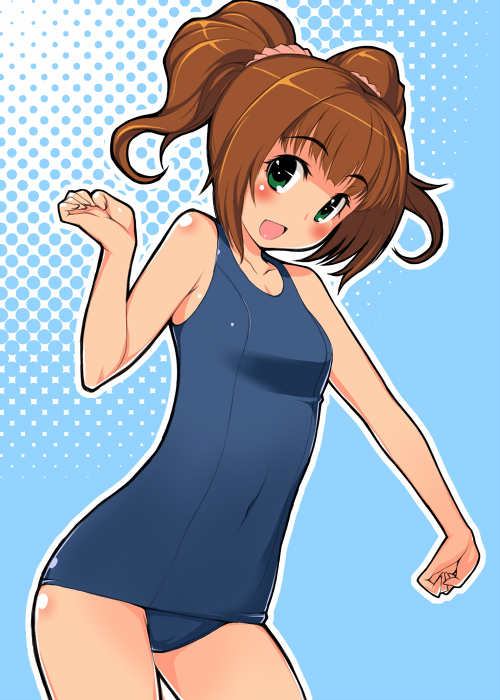 seki suzume, takatsuki yayoi, idolmaster, idolmaster (classic), bad id, bad pixiv id, 00s, one-piece swimsuit, school swimsuit, solo, swimsuit, twintails