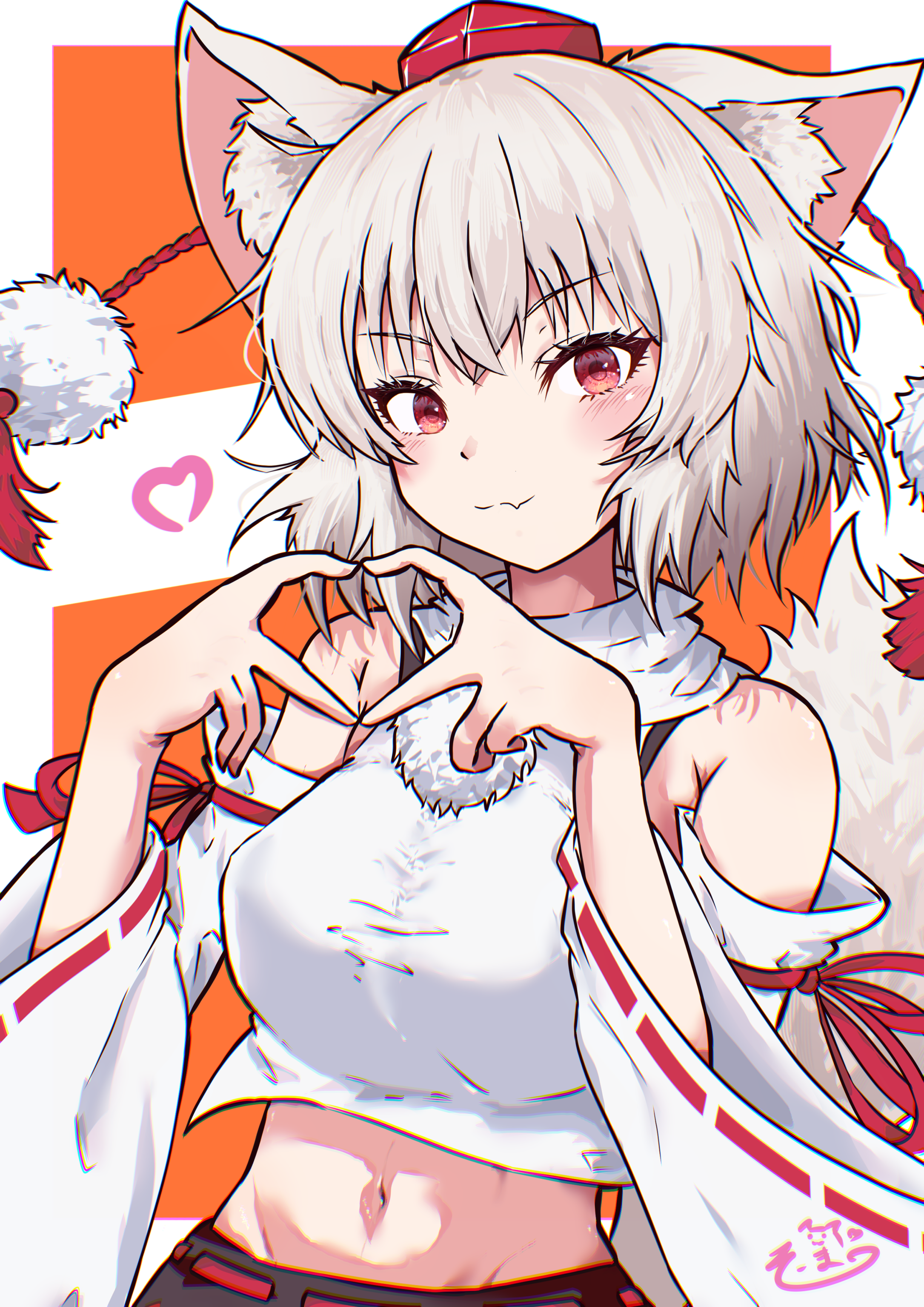 inubashiri momiji, touhou, absurdres, highres, 1girl, animal ear fluff, animal ears, artist logo, belt, black skirt, blue sky (user zgac4337), closed mouth, detached sleeves, fang, four-finger heart hands, grey hair, groin, hat, heart, heart hands, logo, looking at viewer, midriff, navel, pom pom (clothes), red belt, red eyes, red hat, ribbon-trimmed sleeves, ribbon trim, shirt, short hair, signature, skin fang, skirt, sleeveless, sleeveless shirt, smile, solo, tail, tokin hat, turtleneck, turtleneck shirt, upper body, white shirt, white sleeves, wolf ears, wolf girl, wolf tail