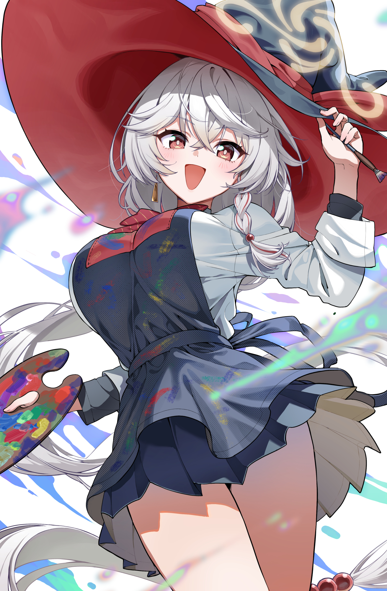 kabu (niniko2ko), eri (blue archive), blue archive, commentary request, highres, 1girl, apron, black apron, bow, bowtie, braid, breasts, brown eyes, brown halo, diagonal-striped bow, diagonal-striped bowtie, diagonal-striped clothes, halo, hat, holding, holding paint palette, holding paintbrush, jewelry, large breasts, long hair, looking at viewer, miniskirt, multiple rings, open mouth, paint palette, paint splatter, paintbrush, pleated skirt, red bow, red bowtie, ring, shirt, side halo, single braid, skirt, sleeves rolled up, smile, solo, striped bow, striped bowtie, striped clothes, thighs, tilted halo, two-sided fabric, two-sided headwear, white hair, white shirt, witch hat