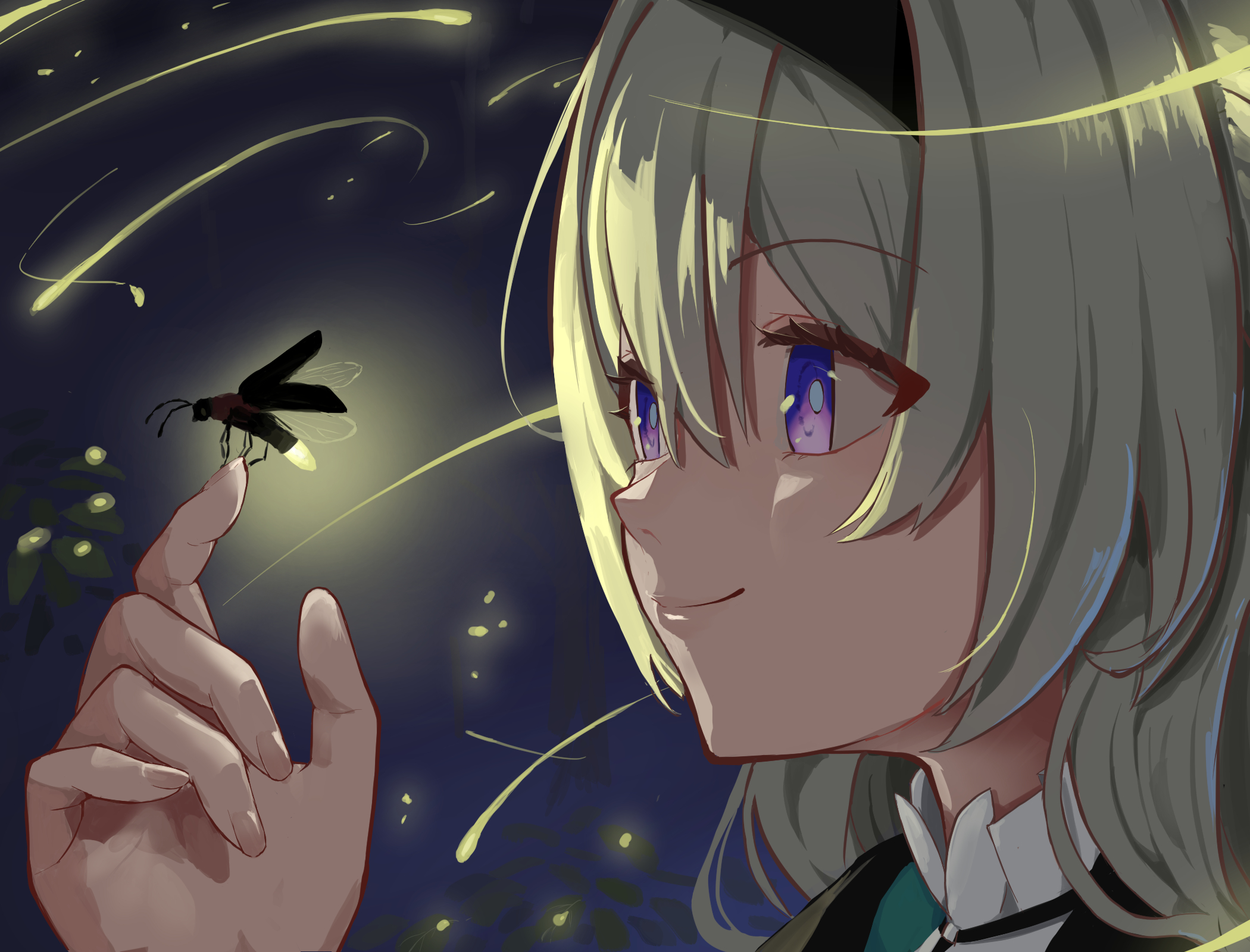 toki78288809, firefly (honkai: star rail), honkai: star rail, honkai (series), commentary request, highres, 1girl, black hairband, black jacket, blue pupils, bug, closed mouth, collared shirt, firefly, grey hair, hair between eyes, hair intakes, hairband, insect, insect on finger, jacket, looking at animal, purple eyes, shirt, smile, solo, white shirt