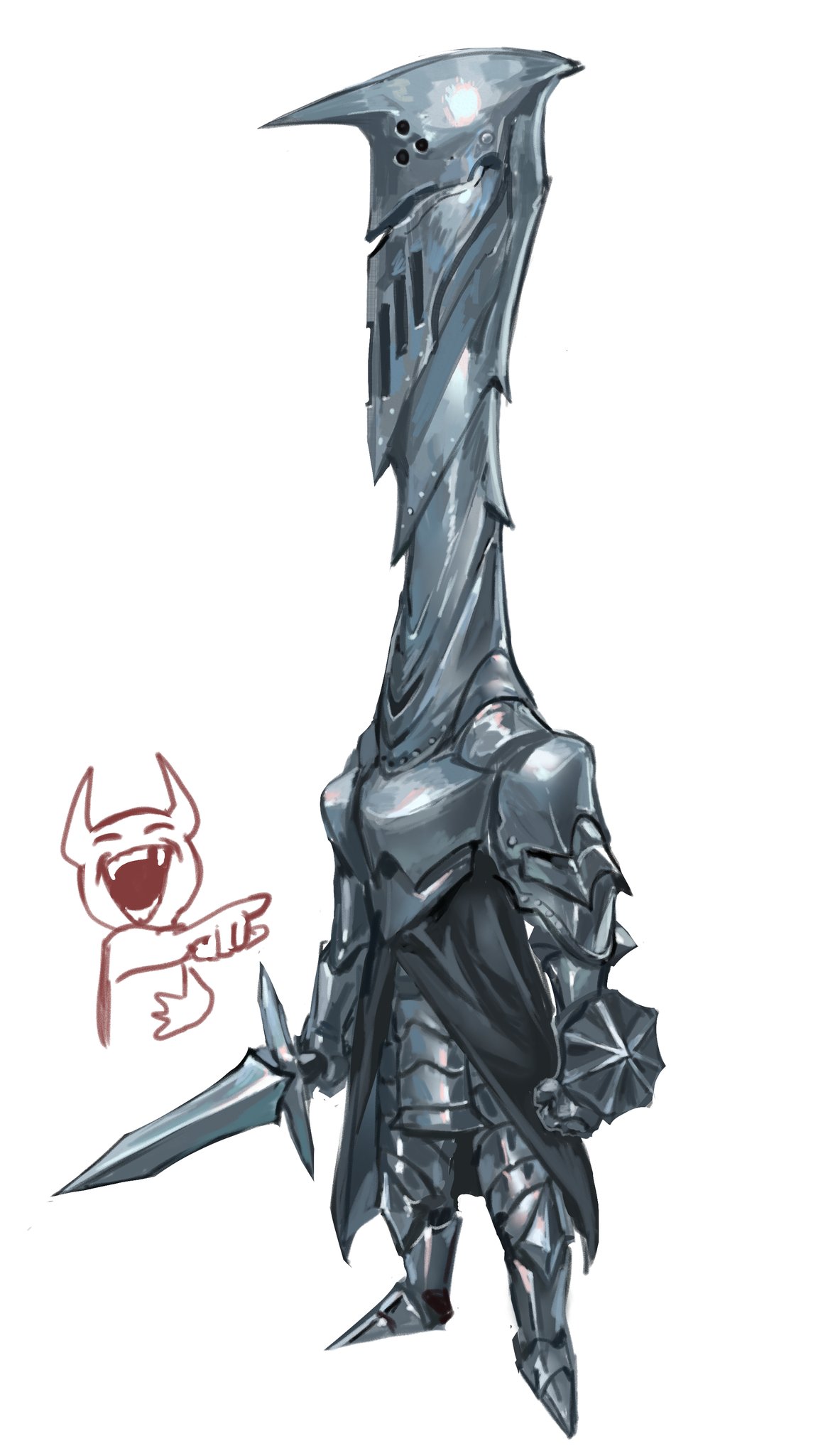 nameno92372763, original, highres, 2others, armor, demon, demon horns, full armor, full body, holding, holding sword, holding weapon, horns, laughing, long neck, multiple others, pointing, pointing at another, simple background, solo, sword, weapon, white background