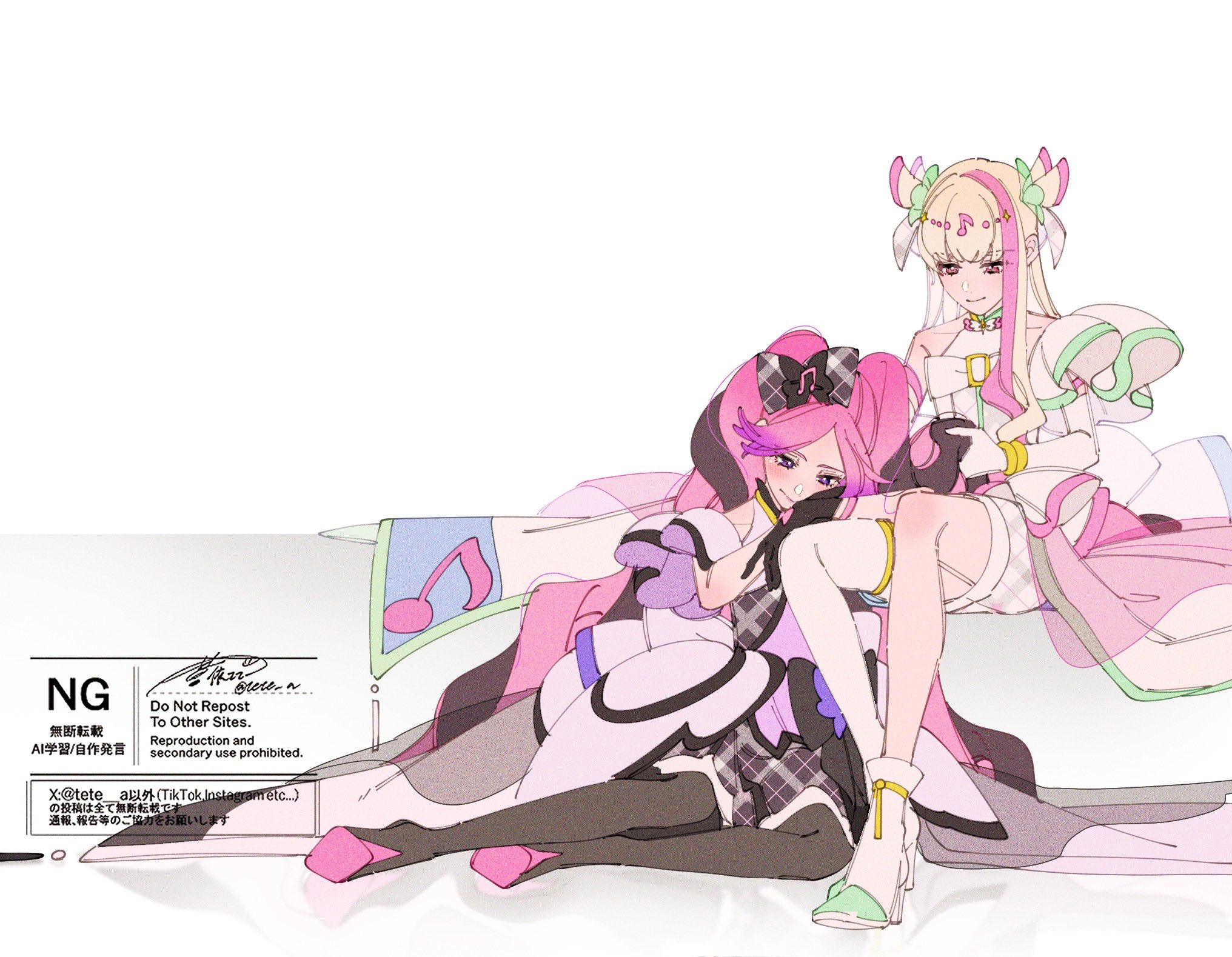 aoi tete, cure kiss, cure zukyuun, meroron (precure), purirun (precure), kimi to idol precure, precure, highres, 2girls, artist name, bare arms, bare shoulders, black gloves, black hair, black socks, blonde hair, blunt bangs, blush, boots, braid, bubble skirt, choker, dress, elbow gloves, fortissimo, frilled dress, frills, gingham, gingham dress, gloves, gradient hair, hair extensions, hair ornament, hair ribbon, hair tie, hair wings, half gloves, holding another's hair, knee boots, kneehighs, leaning, leaning on person, long hair, mature female, meroron (civilian) (precure), multicolored hair, multiple girls, musical note, musical note hair ornament, on floor, parted bangs, pink hair, puffy dress, puffy sleeves, purirun (civilian) (precure), purple dress, reflection, ribbon, ribbon choker, see-through scarf, short dress, single bare leg, single sleeve cuff, sitting, skirt, socks, twin braids, twintails, twitter username, very long hair, watermark, white background, white dress, white gloves, wing hair ornament