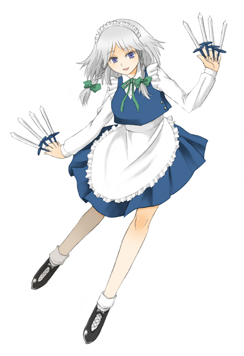 mot, izayoi sakuya, touhou, silver hair, bad id, bad pixiv id, 1girl, animal ears, between fingers, braid, female focus, holding, knife, maid, rabbit ears, ribbon, skirt, solo, throwing knife, twin braids, weapon