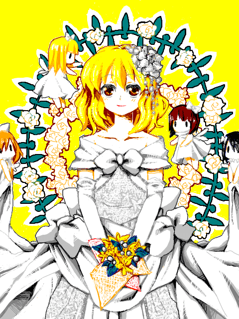 mot, kirisame marisa, touhou, bad id, bad pixiv id, 1girl, blonde hair, bouquet, bride, doll, dress, female focus, flower, plant, solo, wedding dress