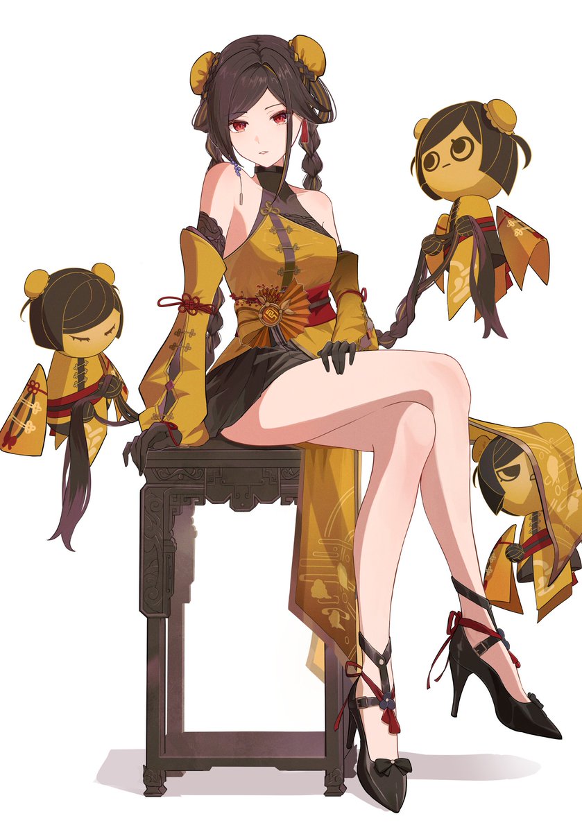 oiro ik, chiori (genshin impact), tamoto (genshin impact), genshin impact, commentary request, highres, 1girl, alternate costume, alternate hairstyle, bare shoulders, black gloves, black shoes, braid, breasts, brown hair, china dress, chinese clothes, crossed legs, detached sleeves, doll, double bun, dress, full body, geo symbol (genshin impact), gloves, hair bun, high heels, long hair, long sleeves, looking at viewer, parted lips, pelvic curtain, red eyes, shoes, simple background, sitting, solo, twin braids, very long hair, vision (genshin impact), white background, yellow dress, yellow sleeves