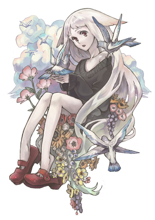 nishihara isao, bad id, bad pixiv id, 1girl, albino, animal, animal ears, animal on shoulder, bird, bird on hand, bird on shoulder, cloud, female focus, flower, red eyes, shoe dangle, solo, sweater, white hair