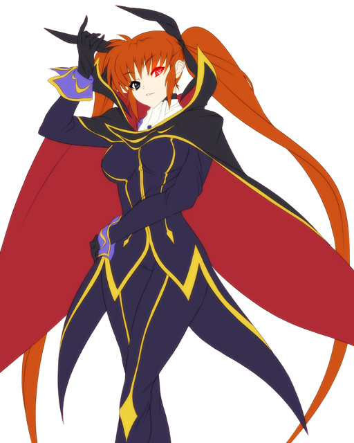 nekomamire, takamachi nanoha, zero (code geass), code geass, lyrical nanoha, mahou shoujo lyrical nanoha, mahou shoujo lyrical nanoha strikers, 1girl, breasts, brown hair, cape, cosplay, female focus, long hair, parody, simple background, solo, white devil, zero (code geass) (cosplay)