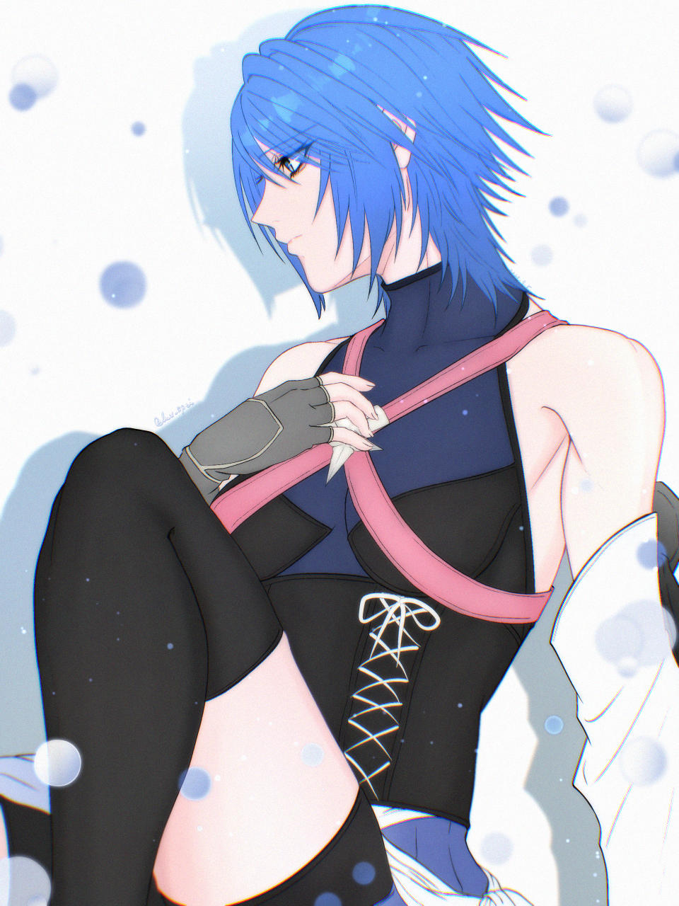 lux spei, aqua (kingdom hearts), kingdom hearts, highres, 1girl, black thighhighs, blue eyes, blue hair, bubble, looking to the side, thighhighs, white background