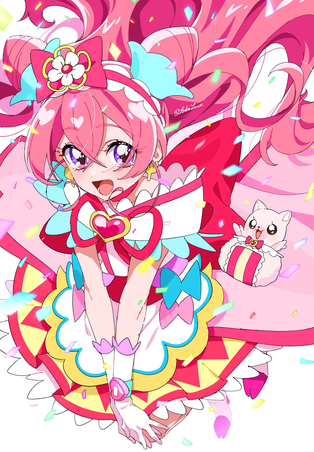 shirako love, cure precious, kome-kome, nagomi yui, delicious party precure, precure, highres, 1girl, artist name, bare shoulders, blush, brooch, bubble skirt, confetti, crossed arms, curled horns, dress, earrings, floating, floating hair, frilled dress, frills, gloves, half gloves, half up bun, headband, heart, heart brooch, horns, jewelry, jumping, long hair, open mouth, party popper, pink hair, puffy dress, purple eyes, ribbon, ribbon-trimmed headwear, ribbon trim, skirt, smile, solo, solo focus, twintails, twitter username, very long hair, watch, white gloves, wristwatch