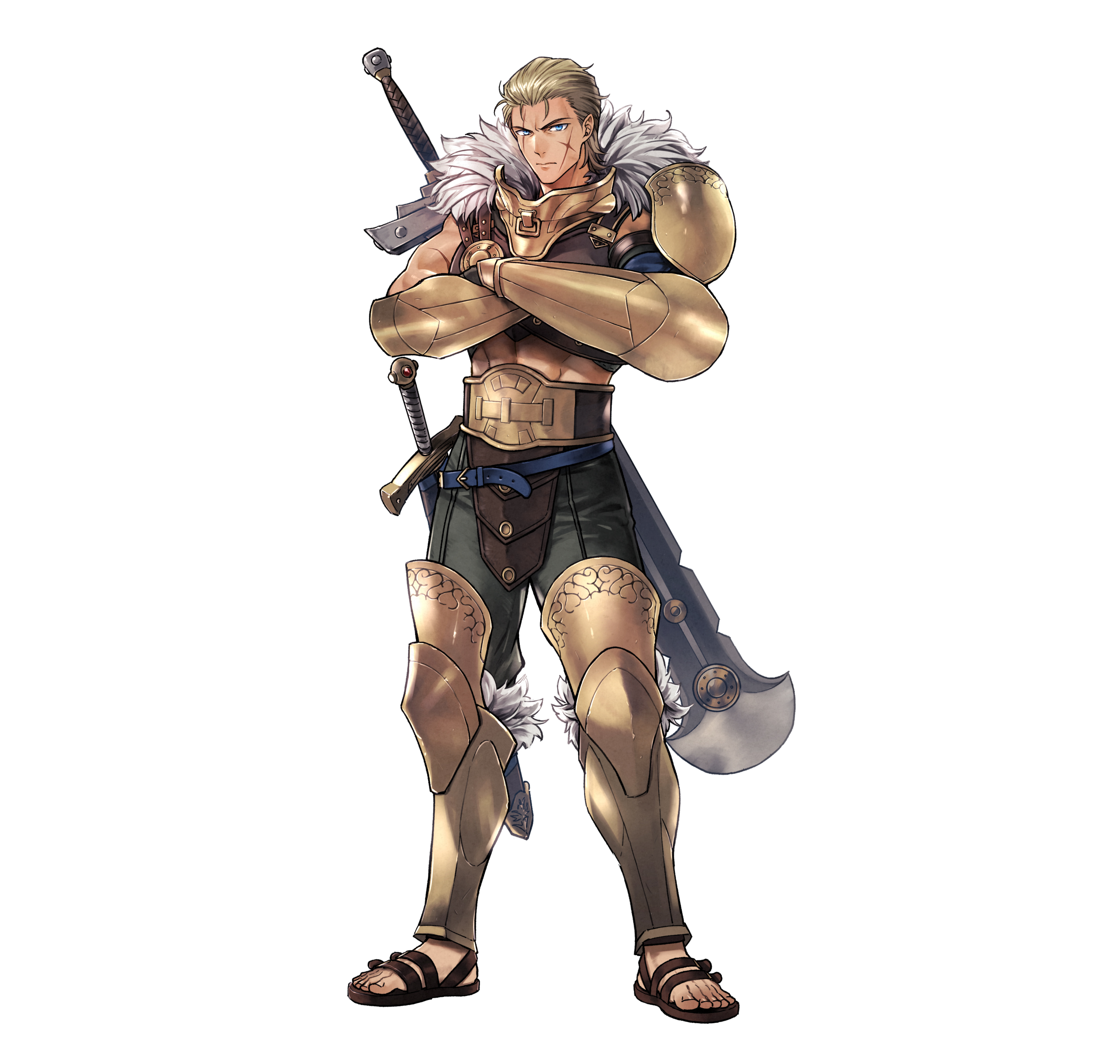 suekane kumiko, ogma (fire emblem), fire emblem, fire emblem: mystery of the emblem, fire emblem heroes, nintendo, absurdres, commentary, english commentary, highres, official art, second-party source, 1boy, armor, blonde hair, blue eyes, cross scar, crossed arms, facial scar, full body, greaves, hair slicked back, male focus, ogma (former gladiator) (fire emblem), sandals, scar, scar across eye, scar on cheek, scar on face, short hair, simple background, solo, standing, sword, sword on back, vambraces, weapon, weapon on back, white background