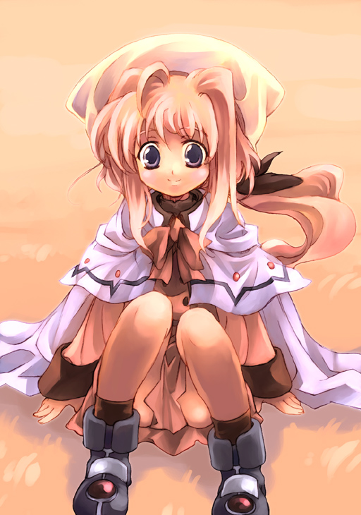 kouno hikaru, caro ru lushe, lyrical nanoha, mahou shoujo lyrical nanoha, mahou shoujo lyrical nanoha strikers, uniform, bad id, bad pixiv id, 00s, 1girl, ankle boots, beret, between legs, blonde hair, boots, bow, bowtie, capelet, female focus, hat, long hair, looking at viewer, orange bow, orange bowtie, sidelocks, sitting, solo