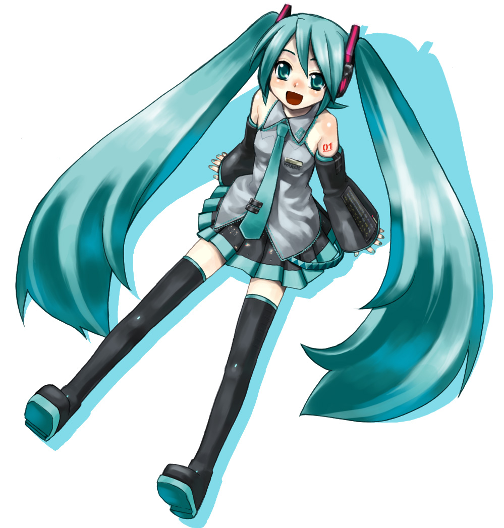 yaya hinata, hatsune miku, vocaloid, md5 mismatch, 1girl, aqua hair, detached sleeves, female focus, happy, long hair, necktie, sitting, solo, thighhighs, twintails