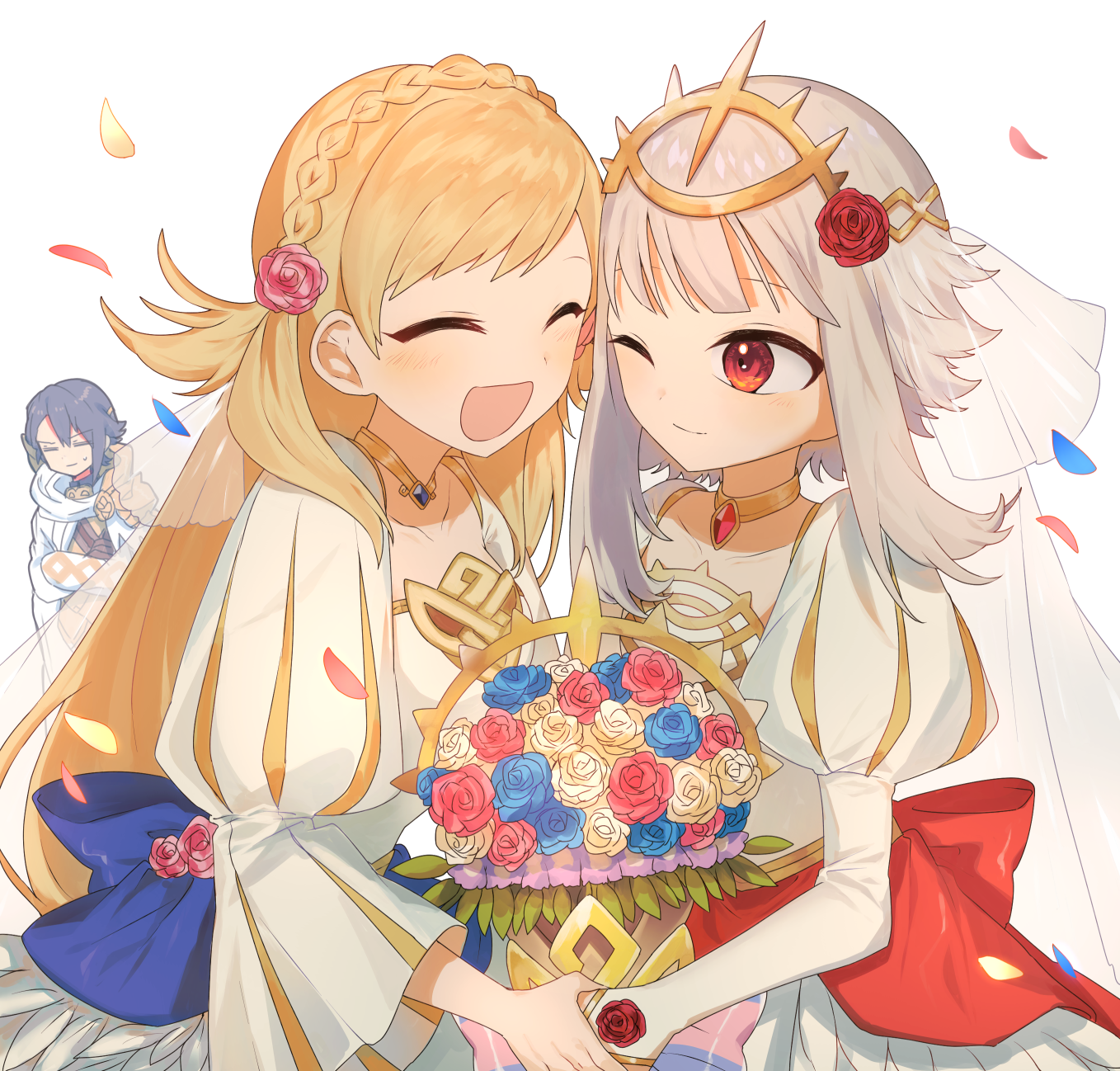3days siesta, alfonse (fire emblem), sharena (bride) (fire emblem), sharena (fire emblem), veronica (bride) (fire emblem), veronica (fire emblem), fire emblem, fire emblem heroes, nintendo, highres, 1boy, 2girls, blonde hair, blue flower, blue hair, blue rose, bouquet, bridal veil, brother and sister, cape, closed eyes, closed mouth, dress, flower, grey background, hair flower, hair ornament, holding, holding bouquet, holding hands, juliet sleeves, long hair, long sleeves, looking at another, multiple girls, official alternate costume, official alternate hairstyle, one eye closed, open mouth, petals, pink flower, pink rose, puffy sleeves, red eyes, red flower, red rose, rose, short hair, siblings, simple background, smile, veil, wedding dress, white cape, white dress, yellow flower, yellow rose