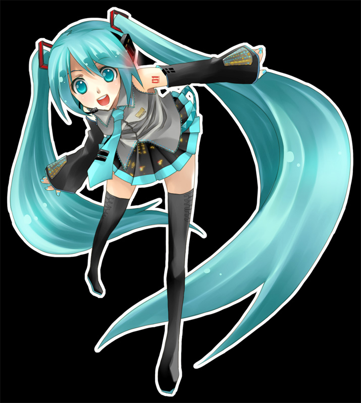 hatsune miku, vocaloid, 1girl, black skirt, blush, detached sleeves, female focus, grey shirt, hair ornament, long hair, looking at viewer, necktie, open mouth, pleated skirt, shirt, skirt, sleeveless, sleeveless shirt, smile, solo, standing, thighhighs, twintails, very long hair