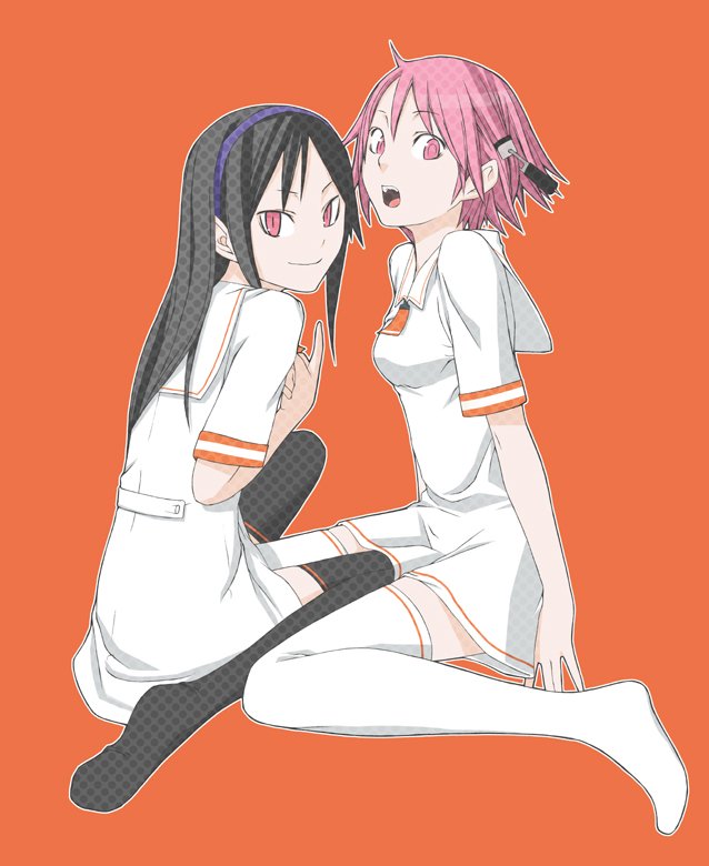 tenko22702, yasuda suzuhito, kamiyama tenko, komori kumiko, kamisama kazoku, bad id, bad pixiv id, 00s, 2girls, black hair, closed mouth, dot nose, headband, looking at viewer, multiple girls, open mouth, orange background, pink hair, sitting, smile, teeth, thighhighs, zettai ryouiki