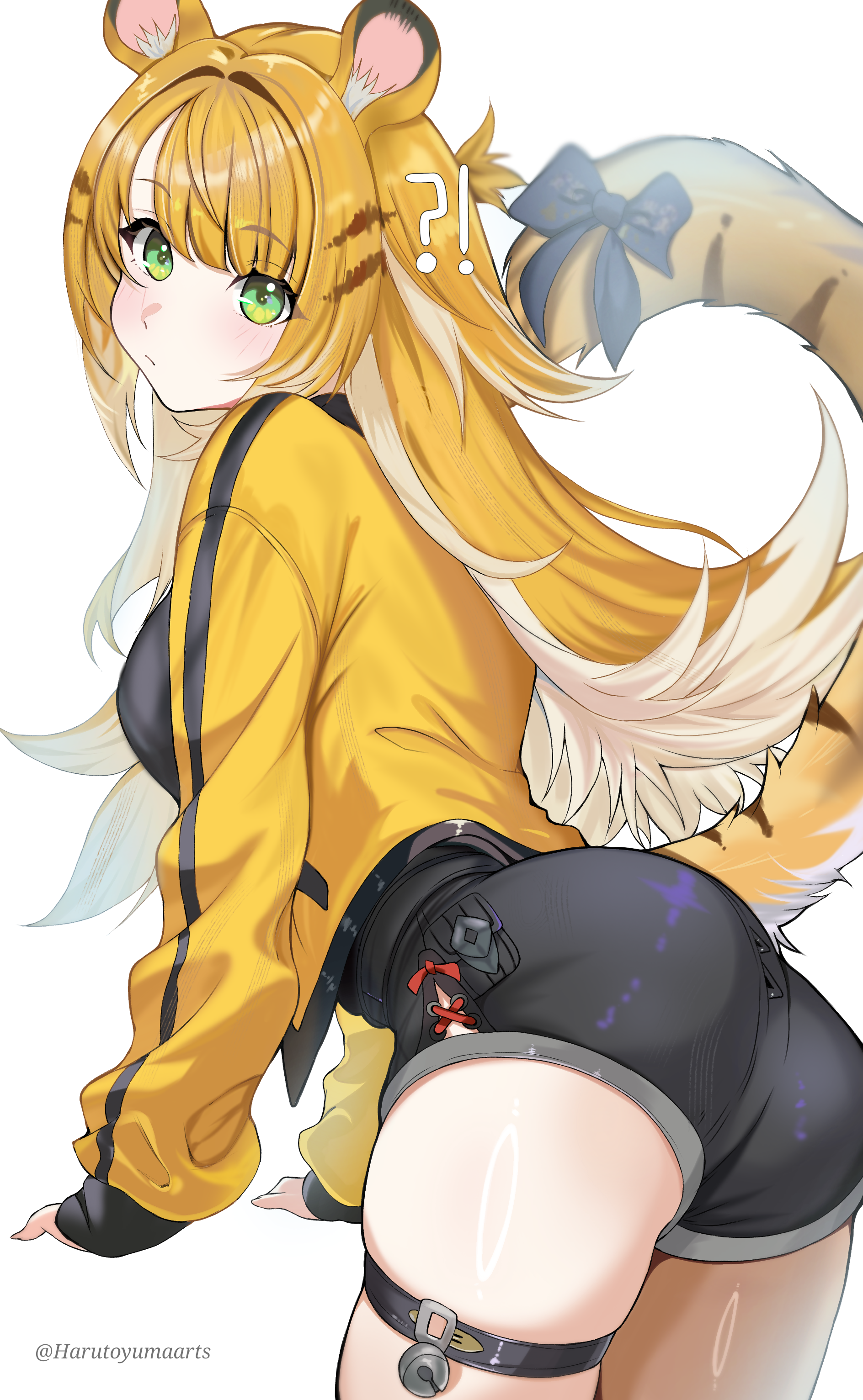 harutoyumaarts, ju fufu, zenless zone zero, absurdres, highres, !, !?, 1girl, ?, animal ears, ass, black shirt, black shorts, blonde hair, blue bow, blush, bow, breasts, closed mouth, green eyes, jacket, long hair, looking at viewer, medium breasts, multicolored hair, o-ring, o-ring thigh strap, shirt, short shorts, shorts, sideboob, solo, tail, tail bow, tail ornament, thigh strap, tiger ears, tiger girl, tiger stripes, tiger tail, two-tone hair, white hair, yellow jacket