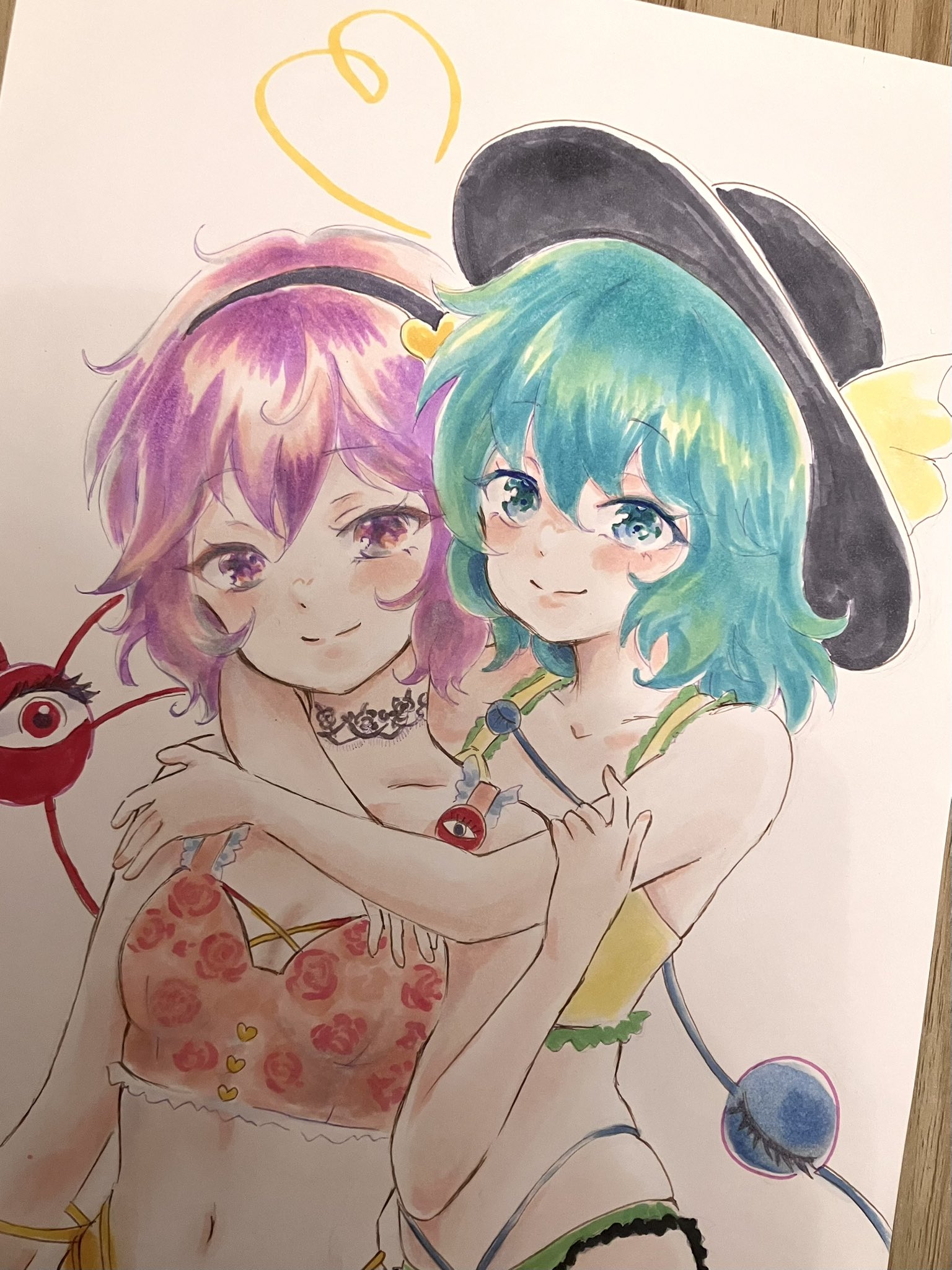 sahanna, komeiji koishi, komeiji satori, touhou, commentary, commentary request, highres, symbol-only commentary, traditional media, 2girls, adapted costume, arm around neck, bare arms, bare shoulders, black hairband, breasts, closed mouth, collarbone, eyeball, floral print, frills, green eyes, green hair, hair between eyes, hair ornament, hairband, hat, heart, heart hair ornament, heart of string, hug, hug from behind, looking at viewer, medium hair, messy hair, multiple girls, navel, purple eyes, purple hair, short hair, siblings, sisters, small breasts, smile, split mouth, stenciled rose, swimsuit, third eye, upper body