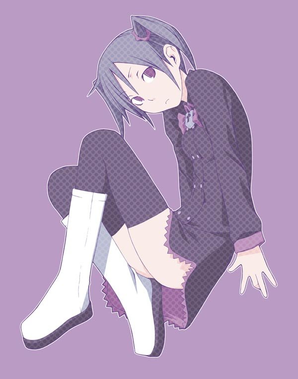 yasuda suzuhito, kamiyama meme, kamisama kazoku, bad id, bad pixiv id, 00s, 1girl, boots, female focus, purple background, purple eyes, skirt, solo, thighhighs, twintails, zettai ryouiki