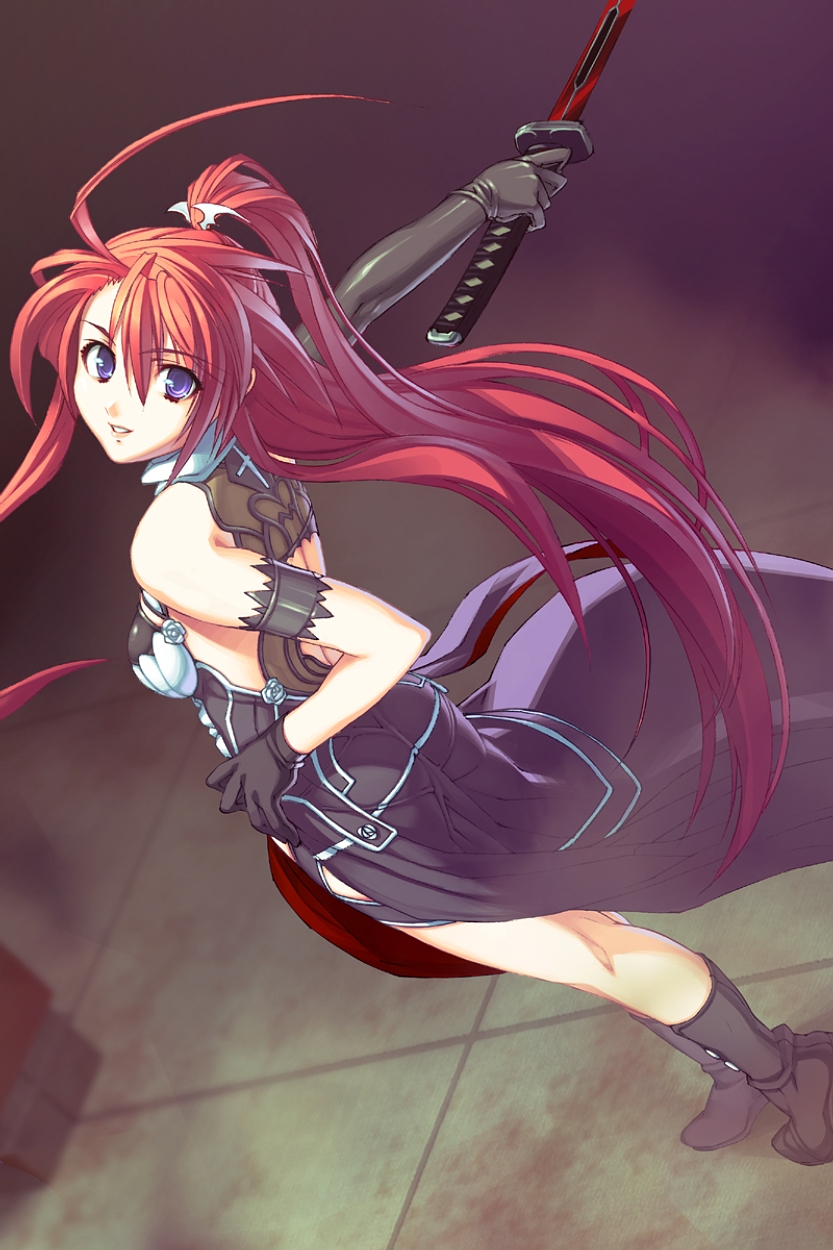 nishii (damnedrive), ignis (jingai makyou), jingai makyou, nitroplus, game cg, highres, 1girl, ahoge, asymmetrical gloves, back, bare shoulders, black boots, black dress, black gloves, blurry, blurry background, boots, dress, elbow gloves, female focus, floor, full body, gloves, hair between eyes, hair ornament, hand on own hip, holding, holding sword, holding weapon, katana, kneepits, legs, long dress, long hair, looking at viewer, looking back, outstretched arm, parted lips, ponytail, purple eyes, red hair, shaft look, sleeveless, sleeveless dress, smile, solo, standing, sword, tile floor, tiles, uneven gloves, very long hair, weapon