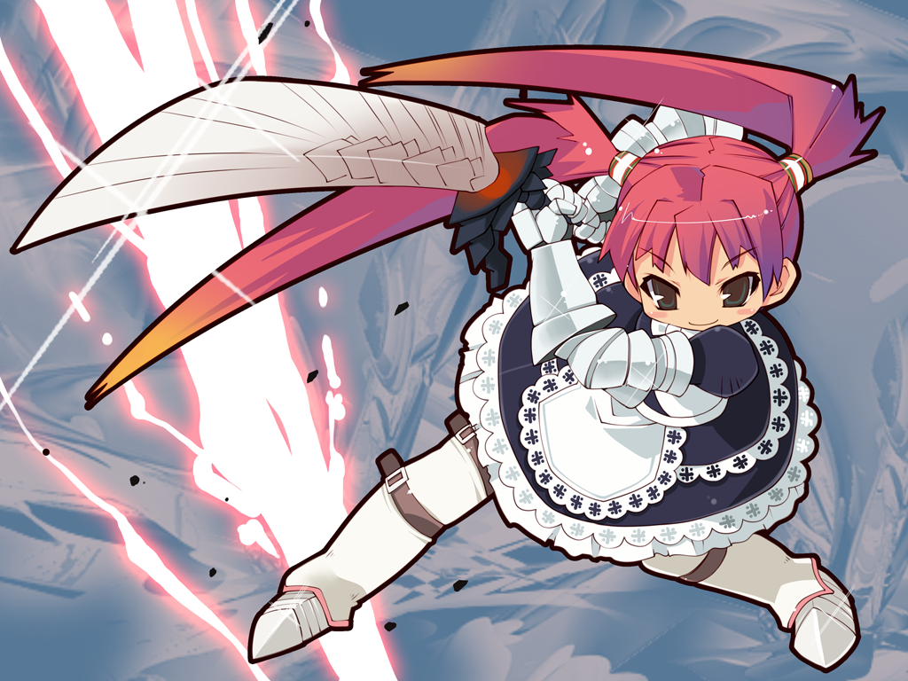 zankuro, capcom, monster hunter (series), 1girl, black outline, female focus, full body, helper (armor), holding, holding sword, holding weapon, khezu (armor), outline, solo, sword, twintails, two-handed, weapon
