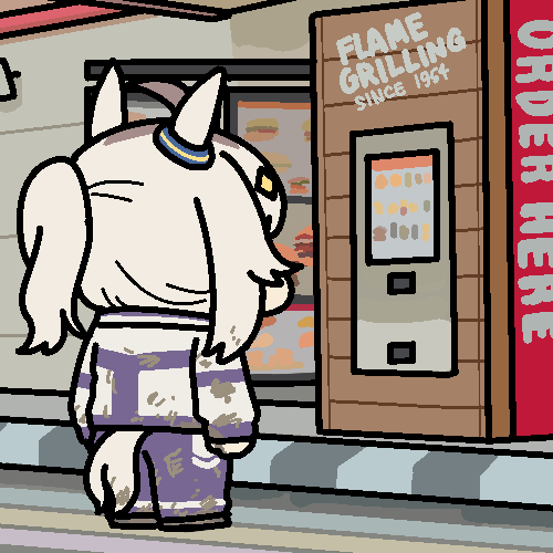 jazz jack, oguri cap (umamusume), burger king, umamusume, umamusume: cinderella gray, commentary, english commentary, lowres, 1girl, ahoge, animal ears, chibi, chibi only, dirty, dirty clothes, ear ornament, from behind, grey hair, hairband, horse ears, horse girl, horse tail, multicolored hair, ponytail, purple track suit, solo, tail, track suit, two-tone hair, yellow hairband