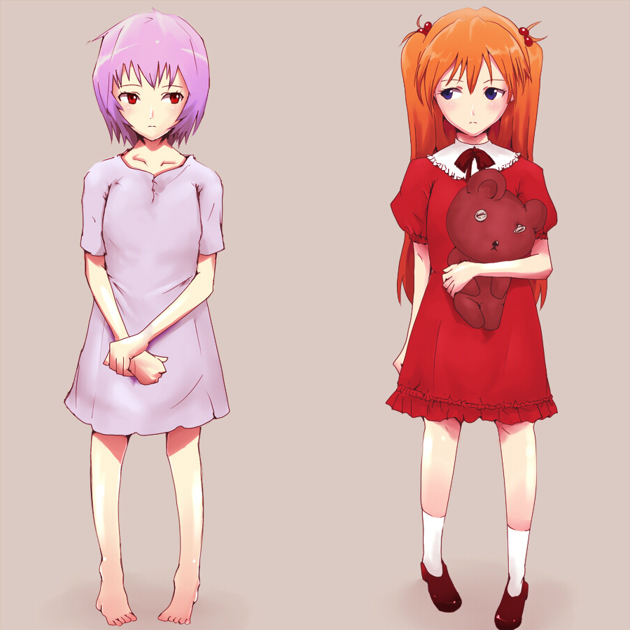 kasai shin, ayanami rei, souryuu asuka langley, neon genesis evangelion, 2girls, aged down, bad anatomy, bad feet, barefoot, child, feet, multiple girls, poorly drawn, stuffed animal, stuffed toy, teddy bear