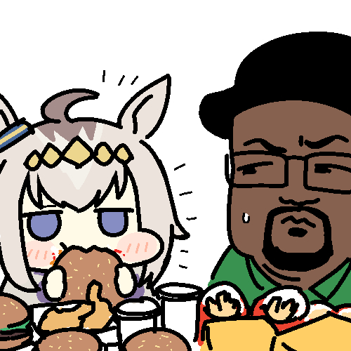 jazz jack, big smoke, oguri cap (umamusume), grand theft auto, grand theft auto: san andreas, umamusume, commentary, lowres, 1boy, 1girl, animal ears, beard, burger, chibi, chibi only, chicken (food), connected beard, crossover, dark-skinned male, dark skin, drink, ear ornament, facial hair, food, food on face, fried chicken, furrowed brow, green shirt, grey hair, hairband, holding, holding burger, holding food, horse ears, horse girl, jitome, meme, multicolored hair, purple eyes, rectangular eyewear, shirt, sideways glance, sweatdrop, wide face, yellow hairband