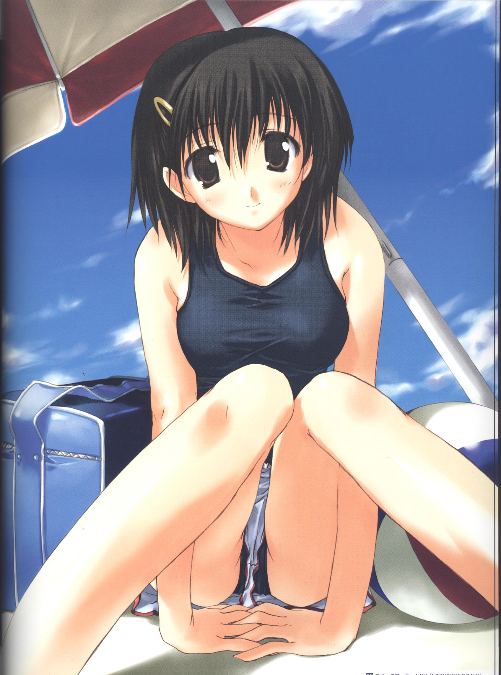 highres, ball, beach, black hair, black one-piece swimsuit, brown eyes, day, legs, one-piece swimsuit, school swimsuit, short hair, smile, solo, swimsuit