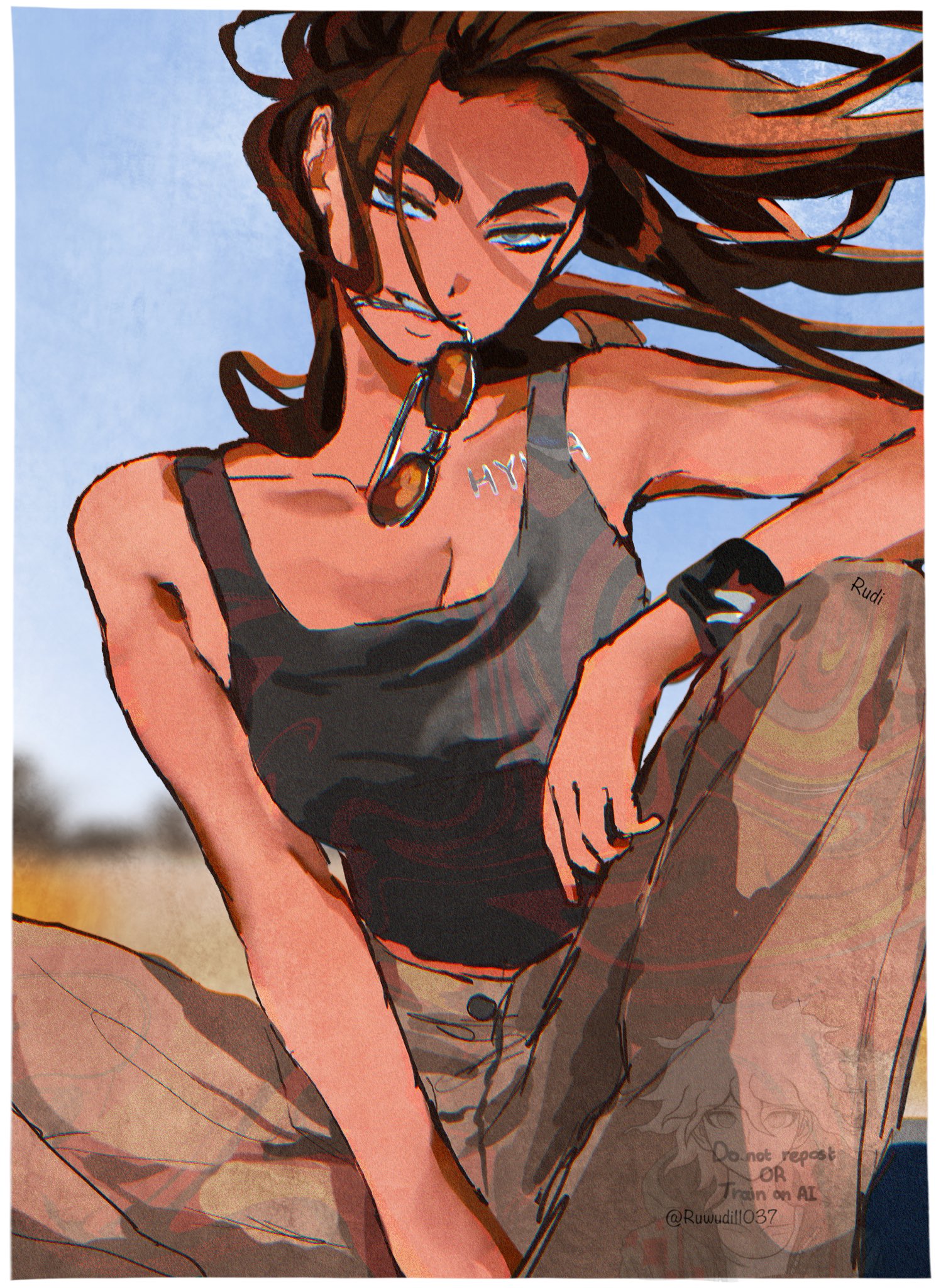 rudi (ruwudi11037), hyuna (alien stage), komaeda nagito, alien stage, highres, 1girl, border, breasts, brown hair, brown pants, cleavage, dark-skinned female, dark skin, eyewear in mouth, floating hair, long hair, looking at viewer, mouth hold, pants, sitting, smile, tank top, thick eyebrows, white border, wind