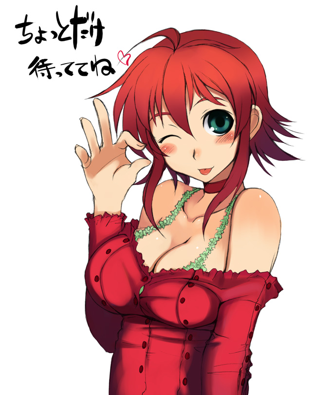 kusanagi tonbo, original, 1girl, :p, ;p, breasts, camisole, choker, cleavage, female focus, large breasts, one eye closed, red hair, short hair, solo, tongue, tongue out, wink