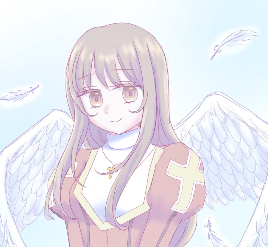 erica fontaine, sakura taisen, sakura taisen iii, angel wings, brown eyes, brown hair, collar, cross, dress, feathered wings, feathers, juliet sleeves, latin cross, long hair, long sleeves, looking at viewer, puffy sleeves, red dress, sakura7tsu, sidelocks, smile, white collar, wings