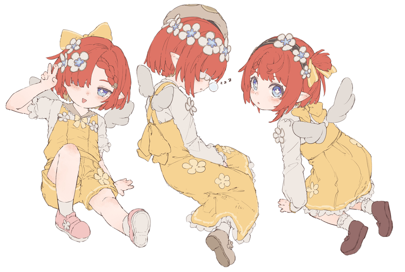 cinna wstle, trianne (honkai: star rail), tribbie (honkai: star rail), trinnon (honkai: star rail), honkai: star rail, honkai (series), 3girls, alternate costume, angel wings, arm up, back bow, beret, black hairband, blindfold, blue eyes, bobby socks, bow, braid, braided bangs, bright pupils, brown hat, brown sailor collar, brown shoes, cross-shaped pupils, dress, facing to the side, floral print, floral print dress, flower, flower hairband, flower ornament, from behind, from side, hair bow, hair flower, hair ornament, hair over eyes, hair over one eye, hairband, hand on floor, hat, head wreath, knee up, kneeling, long sleeves, looking at viewer, multiple girls, nose bubble, one side up, open mouth, overall shorts, overalls, parted lips, petticoat, pinafore dress, pink shoes, pleated dress, pointy ears, print dress, puffy long sleeves, puffy short sleeves, puffy sleeves, red hair, ribbon, sailor collar, shirt, shoes, short hair, short sleeves, simple background, sitting, sleeping, sleeping upright, sleeveless, sleeveless dress, smile, socks, symbol-shaped pupils, white background, white flower, white pupils, white shirt, white socks, white wings, wings, yellow bow, yellow dress, yellow overalls, yellow ribbon, zzz