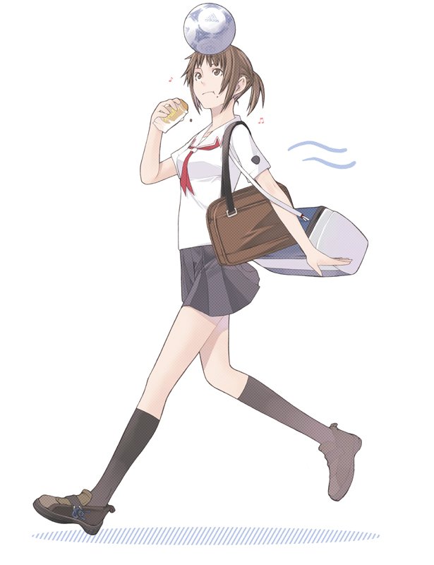 yasuda suzuhito, sakino asuka, enterbrain, kimi kiss, bad id, bad pixiv id, 1girl, bag, ball, crumbs, eating, female focus, food, humming, kneehighs, playing sports, running, school uniform, serafuku, shoes, soccer, soccer ball, socks, solo, tango (soccer ball)
