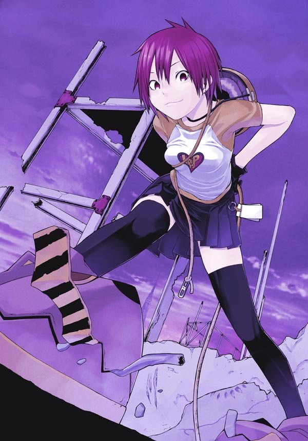 yasuda suzuhito, original, bad id, bad pixiv id, 1girl, :3, between breasts, breasts, cloud, construction site, female focus, gloves, heart, helmet, purple eyes, purple hair, raglan sleeves, rope, ruins, shirt, short hair, skirt, solo, strap between breasts, t-shirt, thighhighs, zettai ryouiki