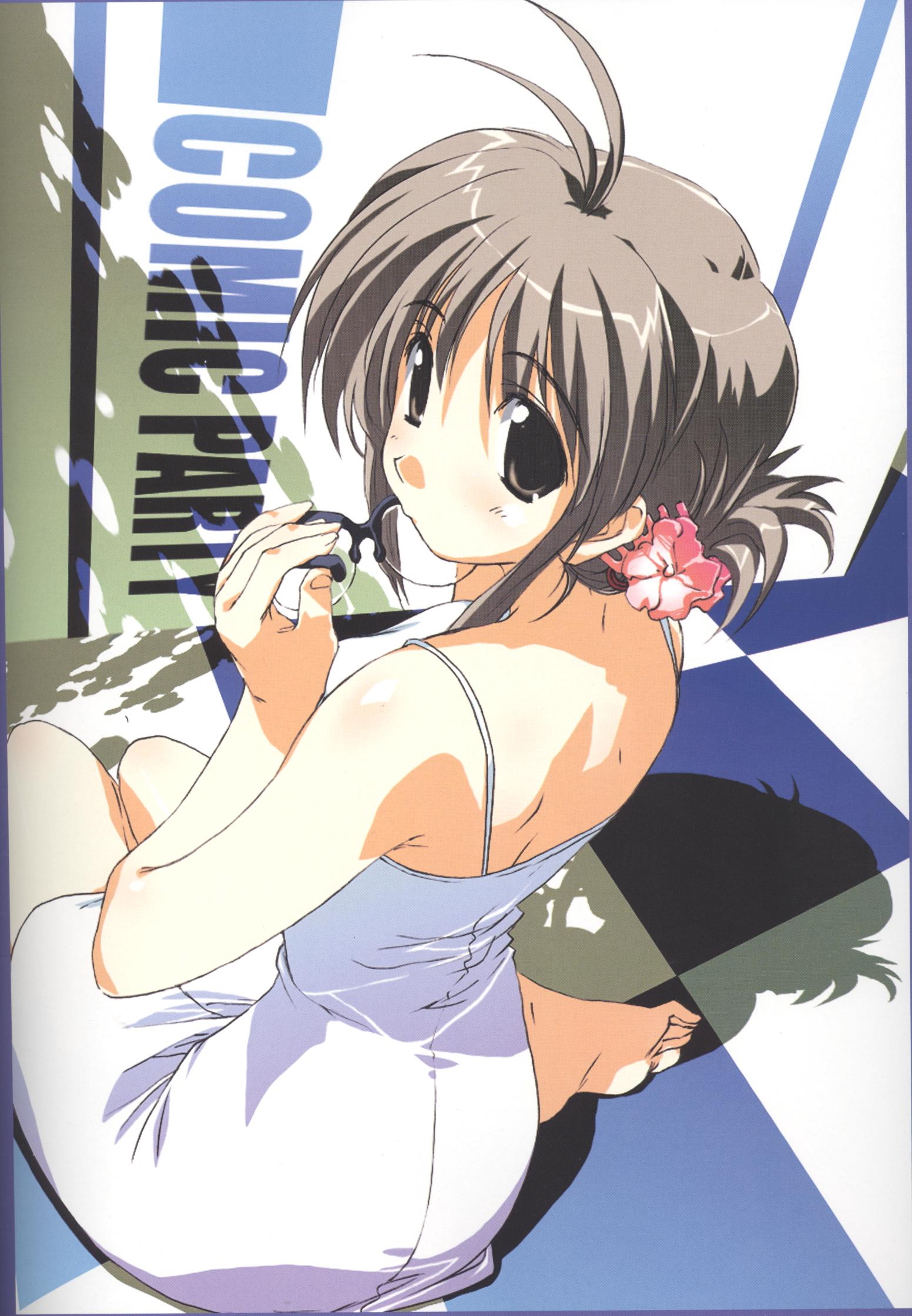 makimura minami, comic party, highres, 00s, ahoge, back, barefoot, feet, glasses, looking back, solo