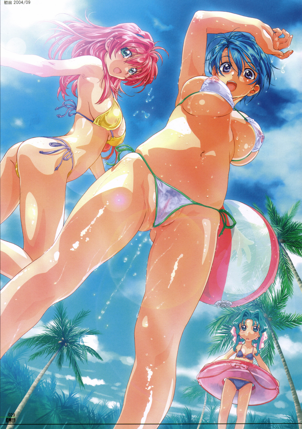 taki minashika, toe gojuu, hirose mariko, mizuno makoto (green), sakurai akane, sakurai akane (green), green (game), umitsuki production, highres, 3girls, :o, armpits, ass, ball, beach, bikini, blue eyes, blue hair, breasts, censored, cleft of venus, cloud, day, flat chest, from below, green eyes, green hair, hairband, huge breasts, innertube, large breasts, micro bikini, multiple girls, nipples, open mouth, outdoors, palm tree, pubic hair, pussy, red hair, see-through clothes, short hair, side-tie bikini bottom, sky, swim ring, swimsuit, tree, underboob, wet