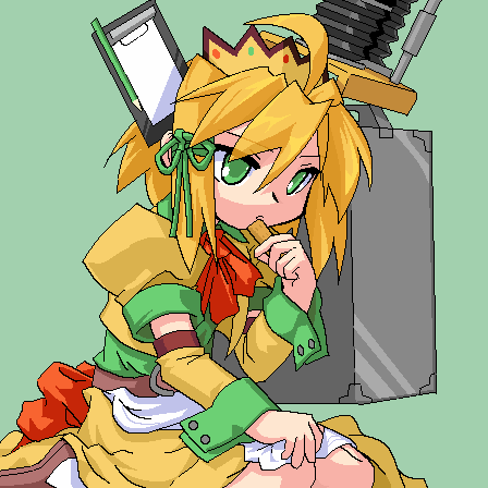 mof, original, lowres, 1girl, belt, blonde hair, bow, bowtie, buckle, detached sleeves, dress, eating, expressionless, female focus, food, green eyes, green wrist cuffs, long sleeves, oekaki, puffy short sleeves, puffy sleeves, red bow, red bowtie, red dress, short hair, short sleeves, sidelocks, sitting, solo, wrist cuffs
