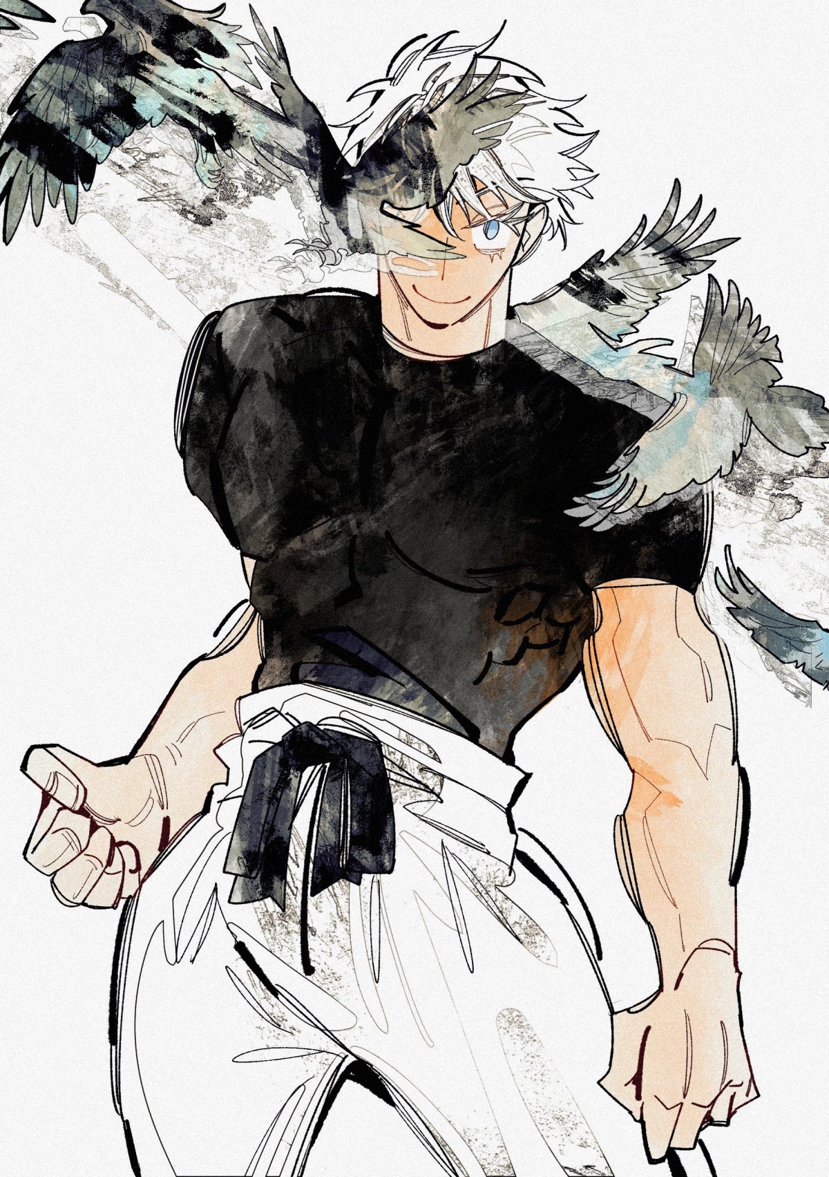 308albi, gojou satoru, jujutsu kaisen, highres, bird, bird in front of eye, black shirt, blue eyes, cowboy shot, eyelashes, muscular, muscular male, one eye covered, pants, shirt, short hair, short sleeves, smile, t-shirt, white background, white hair, white pants