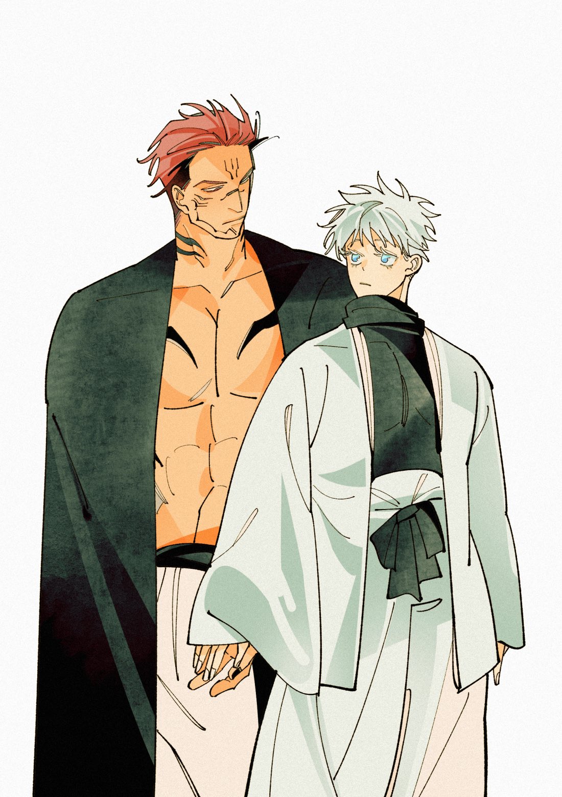308albi, gojou satoru, ryoumen sukuna (jujutsu kaisen), ryoumen sukuna (true form) (jujutsu kaisen), jujutsu kaisen, highres, 2boys, abs, black scarf, blue eyes, collarbone, cowboy shot, eyelashes, japanese clothes, kimono, large pectorals, looking at another, male focus, multiple boys, muscular, muscular male, pants, pectorals, red hair, scarf, simple background, white background, white hair, white kimono, white pants