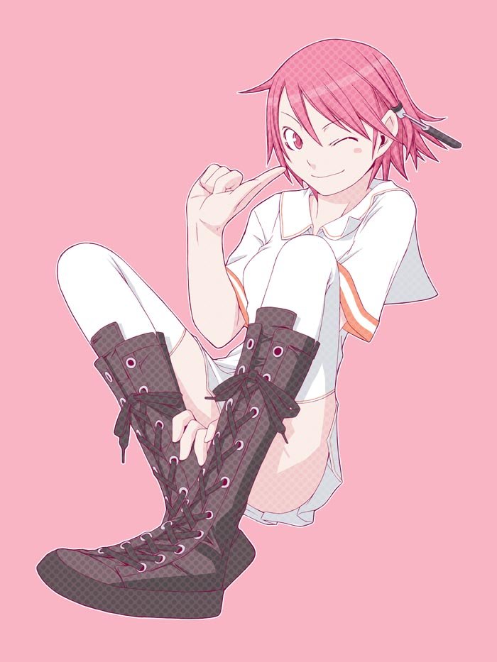 tenko22702, yasuda suzuhito, kamiyama tenko, kamisama kazoku, bad id, bad pixiv id, 00s, 1girl, boots, female focus, one eye closed, pink background, pink hair, pink theme, red hair, skirt, solo, thighhighs, wink, zettai ryouiki