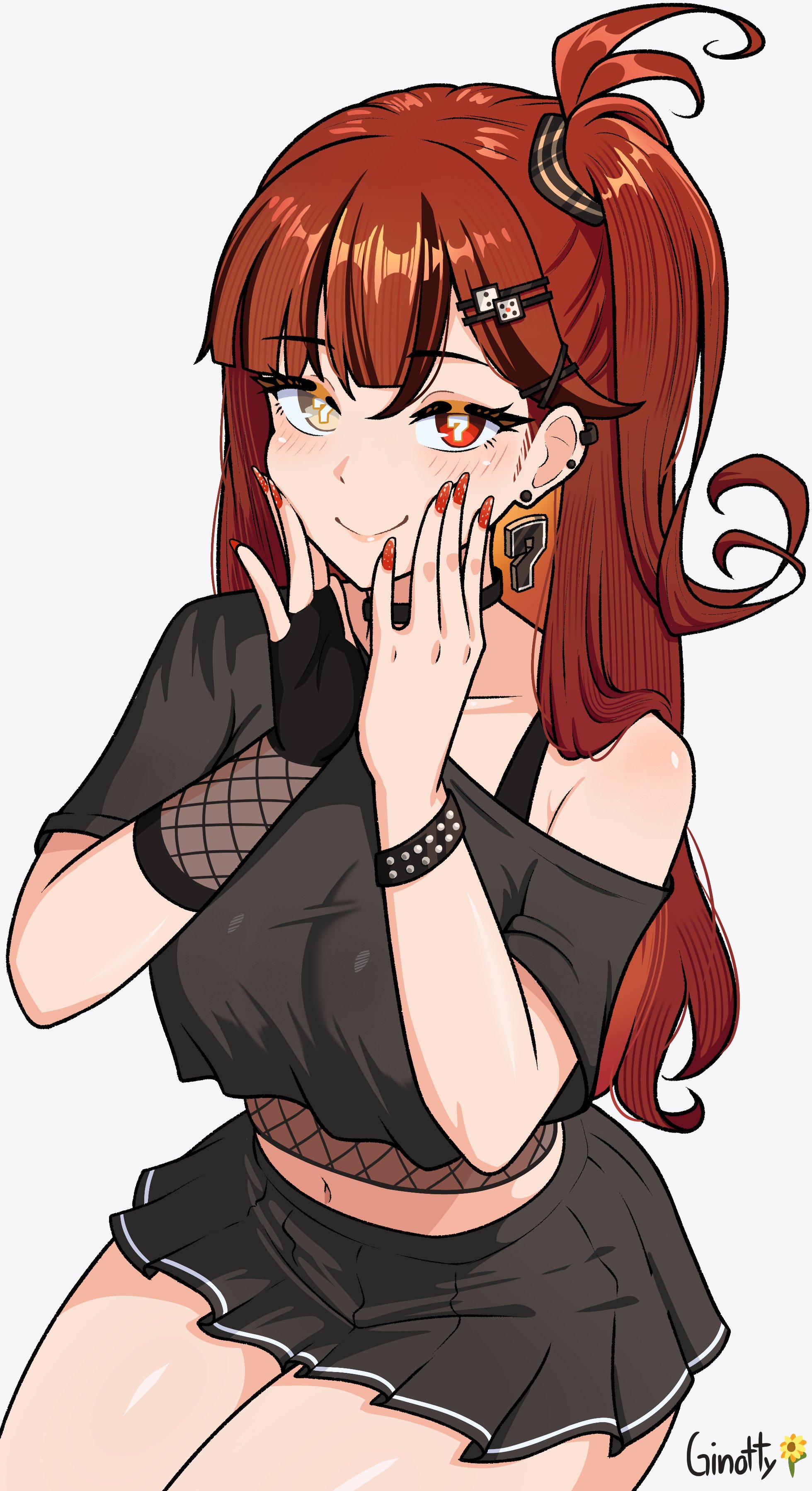 ginotty, daiya fortuna, indie virtual youtuber, absurdres, commentary, english commentary, highres, 1girl, alternate costume, black choker, black gloves, black shirt, black skirt, bra strap, bracelet, breasts, brown hair, choker, closed mouth, colored inner hair, dice hair ornament, earrings, fingerless gloves, fishnet gloves, fishnet top, fishnets, gloves, grey eyes, hair ornament, heterochromia, jewelry, large breasts, long hair, looking at viewer, midriff, miniskirt, multicolored hair, multiple piercings, navel, number earrings, orange hair, red eyes, red nails, shirt, short sleeves, side ponytail, signature, simple background, single glove, skirt, smile, solo, spiked bracelet, spikes, stud earrings, symbol-shaped pupils, virtual youtuber, white background