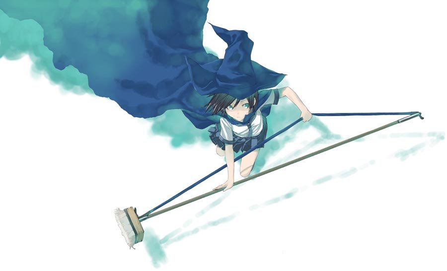 yasuda suzuhito, bad id, bad pixiv id, aqua eyes, cloak, hat, mop, school uniform, serafuku, solo, witch hat