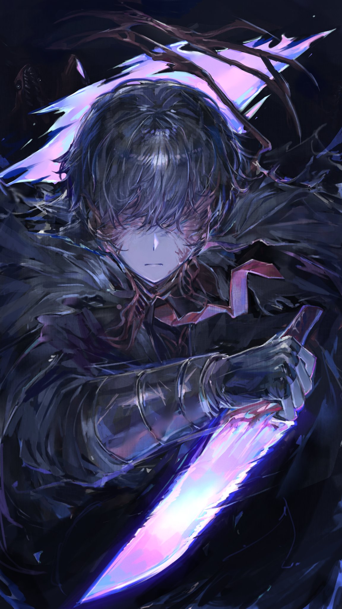 nameno92372763, yi sang (project moon), limbus company, project moon, highres, korean commentary, 1boy, black cape, black gloves, black hair, black shirt, cape, closed mouth, covered eyes, dagger, dimension shredder (e.g.o), e.g.o (project moon), expressionless, flesh, gloves, glowing, glowing weapon, holding, holding dagger, holding knife, holding weapon, knife, long sleeves, male focus, necktie, official alternate costume, red necktie, shirt, solo, w corp. (identity) (project moon), wayward passenger, weapon