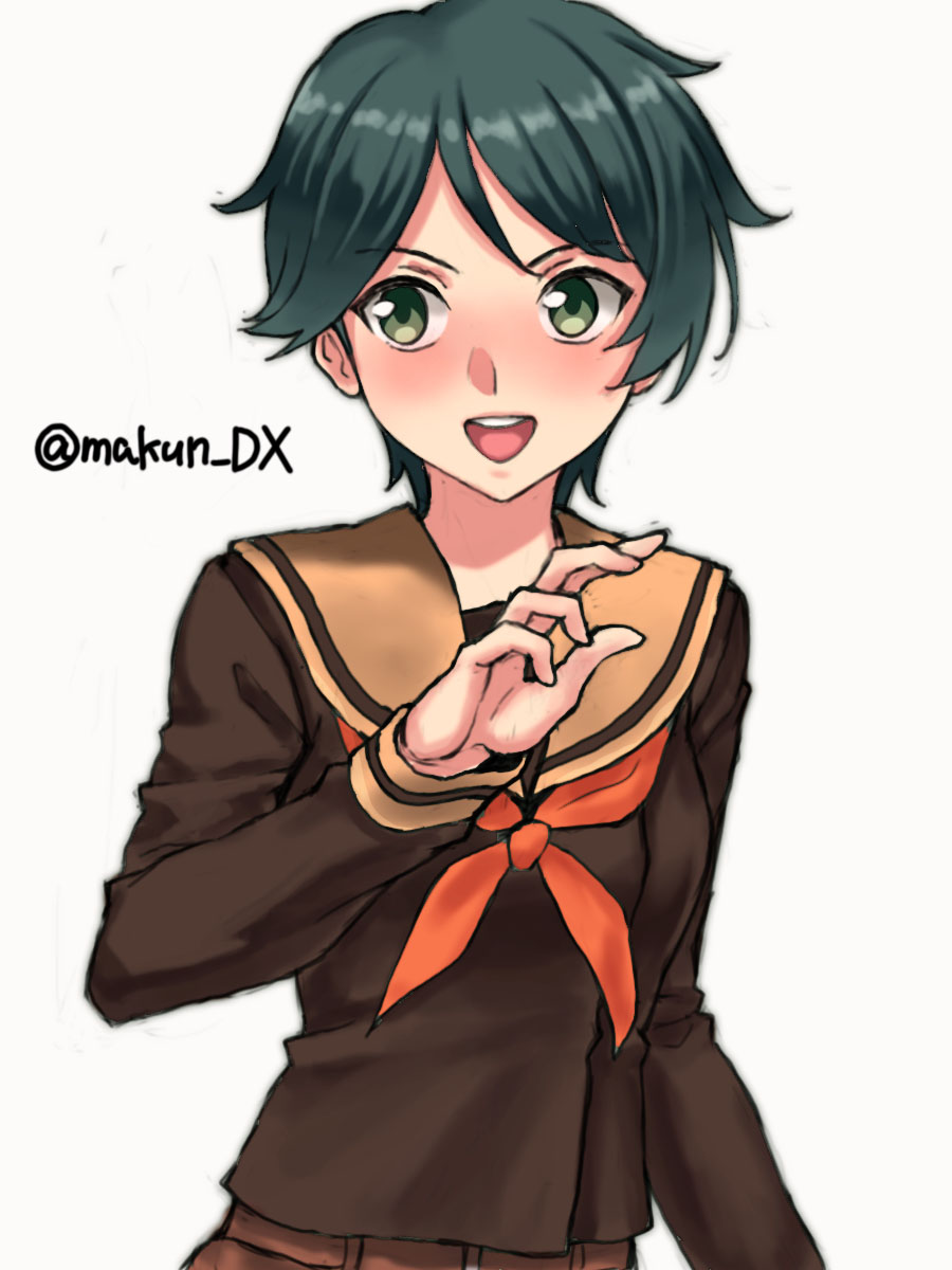maakun (makun dx), mogami (kancolle), mogami kai ni (kancolle), kantai collection, highres, 1girl, brown sailor collar, brown shirt, facing viewer, green eyes, green hair, neckerchief, one-hour drawing challenge, open mouth, orange neckerchief, round teeth, sailor collar, sailor shirt, shirt, sideways glance, simple background, solo, teeth, twitter username, upper body, upper teeth only, white background
