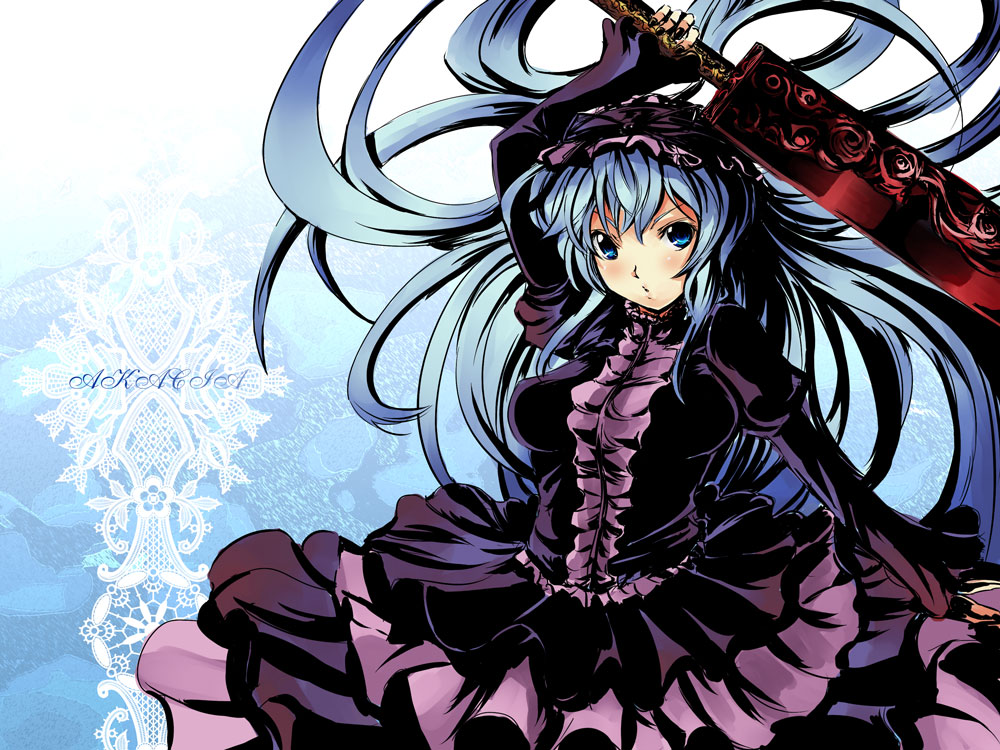 gin'ichi (akacia), ginichi, 1girl, blue eyes, blue hair, female focus, goth fashion, matching hair/eyes, solo, sword, weapon