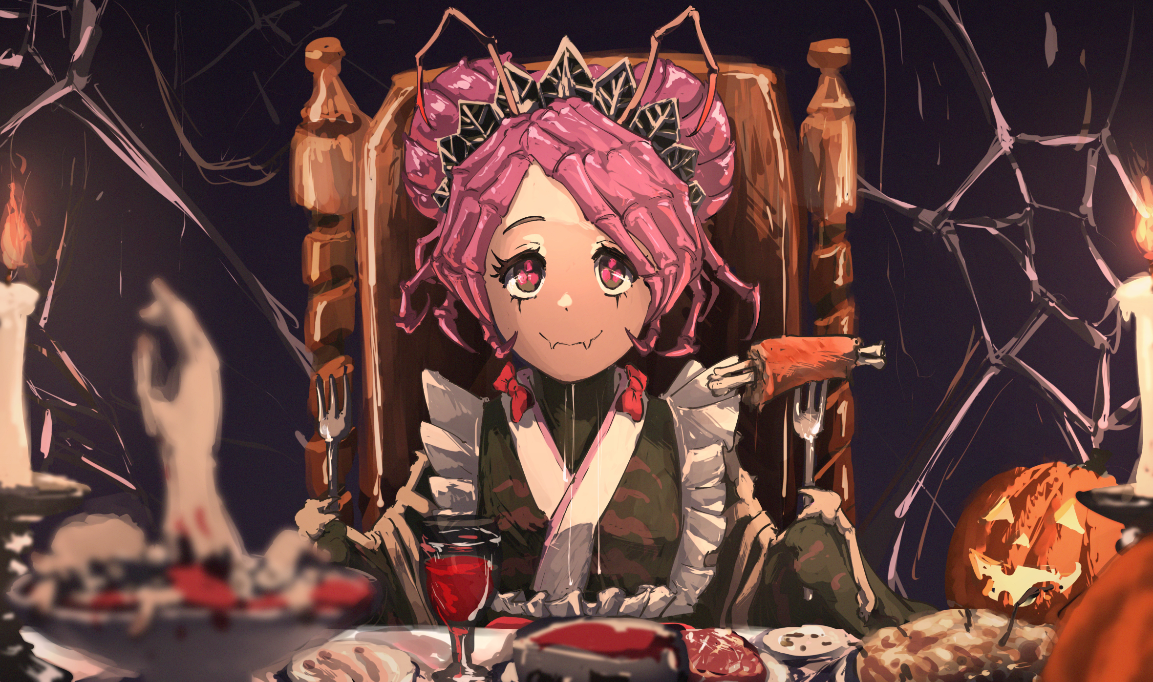 ninjin ika, entoma vasilissa zeta, overlord (maruyama), commentary, highres, 1girl, antennae, arachne, arthropod girl, blood in cup, bone, candle, cannibalism, closed mouth, cup, double bun, drinking glass, extra pupils, fangs, food, fork, hair bun, halloween, holding, holding fork, insect girl, jack-o'-lantern, japanese clothes, kimono, long sleeves, looking at viewer, maid, maid headdress, meat, monster girl, pink eyes, pink hair, plate, severed arm, severed limb, short hair, silk, skin fangs, sleeves past fingers, sleeves past wrists, smile, solo, spider girl, spider web, straight-on, table, taur, wine glass