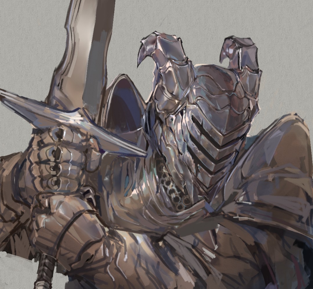 nameno92372763, original, 1other, armor, chainmail, fake horns, grey background, helmet, holding, holding sword, holding weapon, horned helmet, horns, shoulder armor, simple background, sword, upper body, visor (armor), weapon