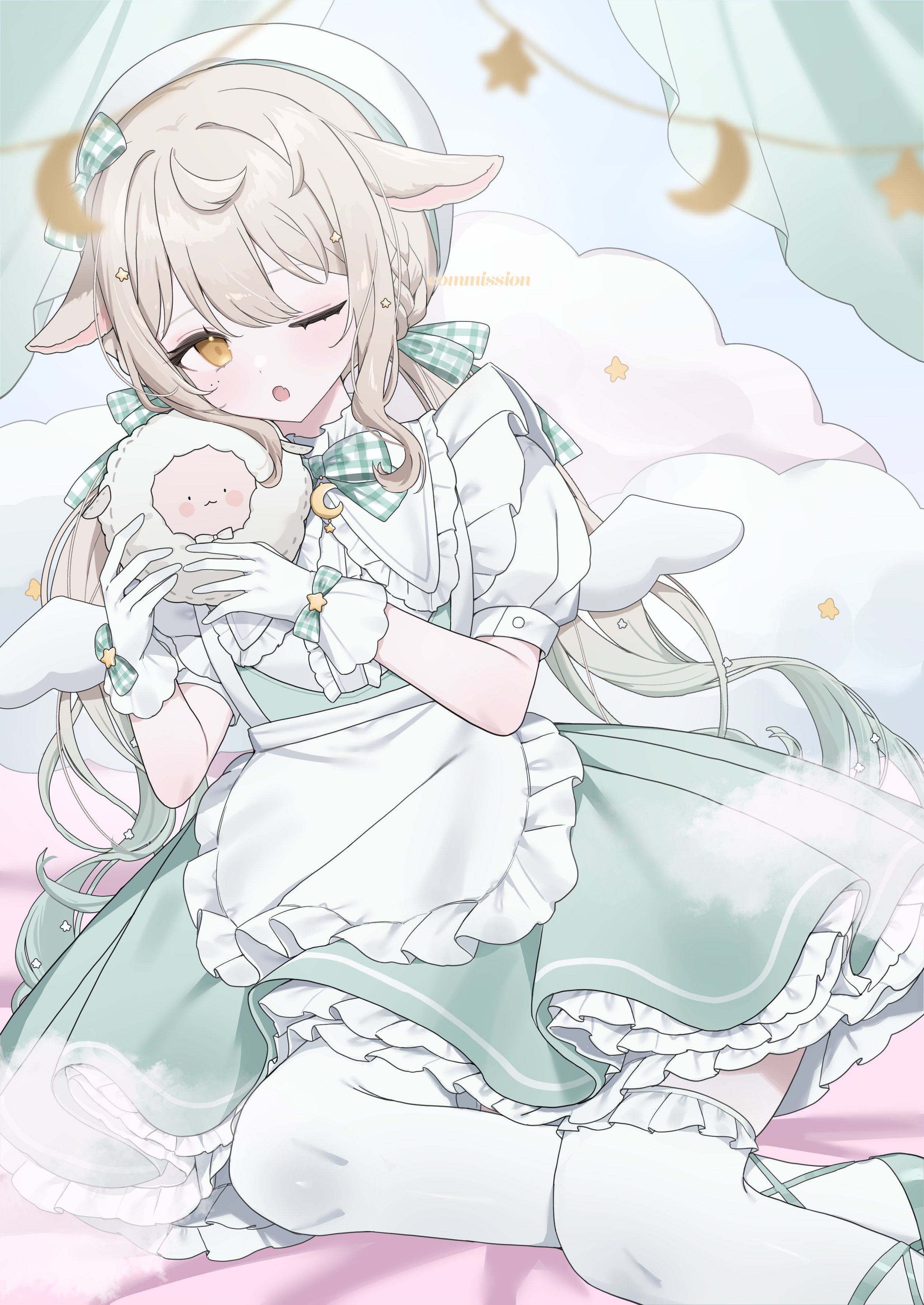kohaku sogo, original, absurdres, highres, 1girl, ;o, animal ears, apron, blonde hair, dress, gloves, long hair, one eye closed, open mouth, sheep, sheep ears, solo, thighhighs, twintails, virtual youtuber, white gloves, white thighhighs, yellow eyes