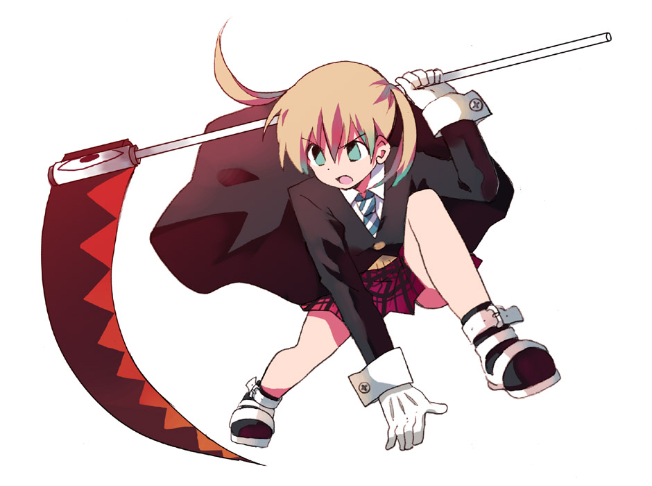 shatiko, maka albarn, soul eater, bad id, bad pixiv id, 00s, green eyes, plaid clothes, plaid skirt, school uniform, scythe, serafuku, skirt, solo, twintails