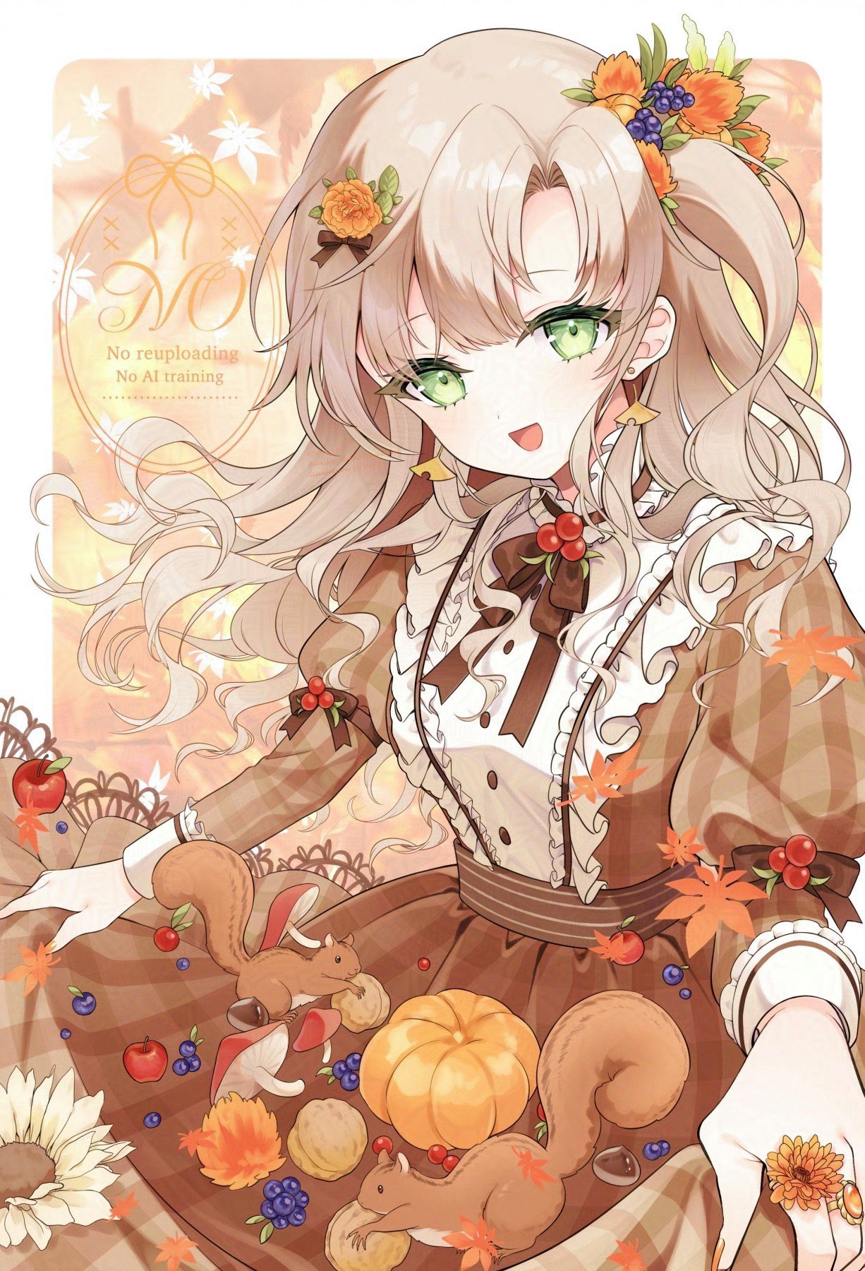 original, highres, 1girl, :d, acorn, apple, autumn, autumn leaves, brown dress, brown hair, dress, earrings, flower, flower earrings, food, food-themed earrings, frills, fruit, green eyes, hair flower, hair ornament, jewelry, leaf, long hair, long sleeves, looking at viewer, maple leaf, neck ribbon, open mouth, plaid clothes, plaid dress, puffy sleeves, re f la, ribbon, skirt basket, smile, solo, squirrel